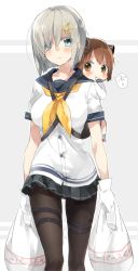 Rule 34 | 10s, 2girls, aged down, bag, black legwear, blue eyes, breasts, brown eyes, brown hair, carrying, child, commentary request, finger in own mouth, gloves, grocery bag, hair ornament, hair over one eye, hairclip, hamakaze (kancolle), hand in mouth, kantai collection, large breasts, md5 mismatch, miniskirt, multiple girls, pantyhose, piggyback, plastic bag, pleated skirt, school uniform, serafuku, shopping bag, short hair, silver hair, sino (sionori), skirt, thigh strap, walking, white gloves, yukikaze (kancolle)