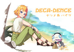Rule 34 | 1girl, absurdres, character name, copyright name, creature, dated, decadence (anime), highres, looking down, natsume (decadence), orange hair, pipe (decadence), prosthesis, prosthetic arm, rnna, sand castle, sand sculpture, sandals, sitting, smile