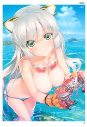 Rule 34 | 1girl, absurdres, animal ears, bikini, bikini bottom only, blue bikini, blush, breasts, cat ears, cloud, crab, day, gloves, goggles, goggles around neck, green eyes, happoubi jin, highres, holding, island, large breasts, long hair, looking at viewer, nipples, ocean, parted lips, scan, side-tie bikini bottom, silver hair, sky, soaking feet, solo, striped bikini, striped clothes, swimsuit, tail, tiger ears, tiger tail, topless, toranoana, wading, water