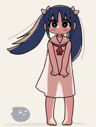 Rule 34 | 1girl, :3, = =, backlighting, barefoot, blue eyes, blue hair, blush, bow, bright pupils, chibi, chibi inset, closed mouth, commentary request, creature, dress, full body, grey background, hair bow, highres, long hair, looking at viewer, multiple hair bows, neck ribbon, red ribbon, ribbon, sailor dress, sakura (ukagaka), see-through silhouette, simple background, skirt hold, solo, standing, straight-on, twintails, ugif, ukagaka, unyuu, v arms, white bow, white dress, white pupils, wide-eyed