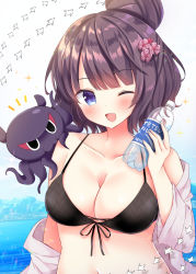 Rule 34 | 1girl, ;d, bad id, bad pixiv id, bikini, bikini top only, black bikini, blue eyes, bottle, breasts, cleavage, collarbone, commentary request, fate/grand order, fate (series), hair bun, hair ornament, highres, katsushika hokusai (fate), katsushika hokusai (traveling outfit) (fate), masayo (gin no ame), medium breasts, octopus, official alternate costume, one eye closed, open mouth, single hair bun, smile, solo, swimsuit, upper body