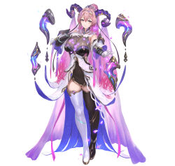 Rule 34 | 1girl, blush, boots, breasts, closed mouth, commentary request, curled horns, dress, earrings, fire emblem, fire emblem heroes, floating, floating object, full body, gloves, goat horns, gradient hair, hair ornament, hairband, hand on own chest, hand up, high ponytail, highres, horns, jewelry, large breasts, light smile, long hair, looking at viewer, multicolored hair, nerthus (fire emblem), nintendo, official art, petals, pink hair, ponytail, purple eyes, purple hair, shiny clothes, short dress, simple background, single earring, sleeveless, solo, standing, thigh boots, thighhighs, thighs, two-tone hair, veil, very long hair, white background, yoshiku (oden-usagi), zettai ryouiki