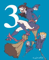 Rule 34 | 10s, 3girls, :d, artist name, blonde hair, boots, broom, broom riding, brown eyes, brown hair, commentary request, dress, glasses, green eyes, hair over one eye, hairband, highres, kagari atsuko, knee boots, little witch academia, long hair, looking at viewer, lotte jansson, multiple girls, open mouth, ponytail, red eyes, short hair, smile, sucy manbavaran, tarou2, witch