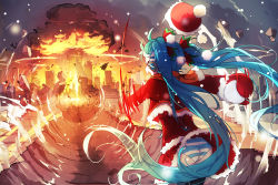 Rule 34 | &gt; &lt;, 1girl, ass, blue hair, blue panties, broken ground, christmas tree, city, closed eyes, destruction, explosion, hat, hatsune miku, long hair, mushroom cloud, one-punch man, open mouth, panties, pantyshot, parody, qys3, santa costume, santa hat, snowball, solo, standing, striped clothes, striped panties, throwing, twintails, underwear, very long hair, vocaloid, wind, wind lift
