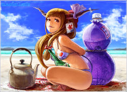 Rule 34 | 1girl, bad id, bad pixiv id, barefoot, beach, beach towel, bikini, blonde hair, blue sky, bottle, bow, breast padding, breasts, cloud, day, gourd, hair bow, horn ornament, horn ribbon, horns, ibuki suika, kooribata, leaning forward, long hair, looking at viewer, maco (macoillust), outdoors, red bow, red eyes, ribbon, sand, sitting, sky, small breasts, solo, summer, swimsuit, teapot, tongue, tongue out, touhou, towel, watermark