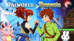 1boy 1girl blue_eyes commentary crossover detached_sleeves english_commentary english_text epic_handshake_(meme) green_eyes handshake highres holding holding_pickaxe house meme official_art palworld pickaxe pixel_art player_character_(palworld) red_hair terraria