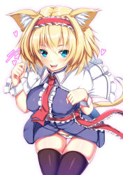 Rule 34 | 1girl, :d, alice margatroid, animal ears, black thighhighs, blonde hair, blue eyes, blush, bow, bow panties, breasts, capelet, cat ears, cat girl, cat tail, covered erect nipples, ebi 193, fang, hairband, heart, kemonomimi mode, large breasts, looking at viewer, no pants, open mouth, panties, paw pose, short hair, simple background, smile, solo, tail, thighhighs, touhou, underwear, white background, white panties, wrist cuffs