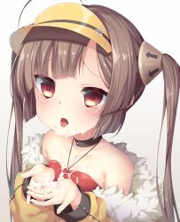 Rule 34 | 1girl, ahoge, arrow (symbol), azur lane, bandeau, bare shoulders, bikini, bikini top only, black choker, blush, breasts, brown hair, chiyonekoko, choker, collarbone, cum, cum on body, cum on breasts, cum on clothes, cum on upper body, facial, fur-trimmed jacket, fur trim, gradient background, grey background, hairpods, halterneck, hands up, jacket, long hair, long sleeves, looking away, off shoulder, own hands together, parted lips, ping hai (azur lane), ping hai (summer vacation) (azur lane), puffy long sleeves, puffy sleeves, red bikini, red eyes, simple background, small breasts, solo, swimsuit, tongue, tongue out, twintails, very long hair, visor cap, white background, yellow jacket