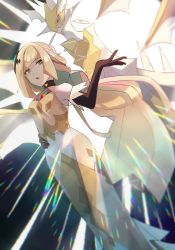 Rule 34 | 1girl, bare shoulders, black choker, blonde hair, blunt bangs, blurry, brown gloves, choker, commentary request, creatures (company), dress, elbow gloves, game freak, gen 7 pokemon, gloves, green eyes, hand on own hip, hand up, highres, legendary pokemon, long hair, looking at viewer, lusamine (pokemon), lusamine (sygna suit) (pokemon), necrozma, necrozma (ultra), nintendo, official alternate costume, open mouth, pokemon, pokemon (creature), pokemon masters ex, sleeveless, sleeveless dress, ssn (sasa8u9r), yellow dress