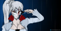 Rule 34 | 1girl, alternate eye color, aura, black background, black sclera, bleach, blue background, breasts, collarbone, colored sclera, commentary, crossover, dark background, dark persona, dress, energy, english commentary, facing viewer, gradient background, hair ornament, hair tie, hand up, highres, hollow (bleach), hollow mask, jacket, jewelry, long hair, looking at viewer, mask, necklace, orange eyes, parody, patgarci, pendant, ponytail, power-up, powering up, rwby, scar, scar across eye, scar on face, side ponytail, solo, tiara, upper body, weiss schnee, white dress, white hair