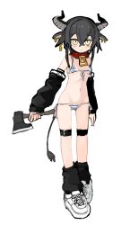 1girl absurdres animal_collar animal_ears axe bikini black_hair breasts collar cow_ears cow_girl cow_horns cow_tail crossed_bangs detached_sleeves earrings hair_between_eyes hatchet_(axe) highres holding holding_axe horns jewelry loose_socks lowleg lowleg_bikini micro_bikini navel original red_collar shimosuke short_hair sidelocks simple_background small_breasts socks swimsuit tail thigh_strap white_background yellow_eyes