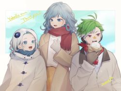 Rule 34 | 1boy, 2girls, absurdres, blue eyes, blue hair, brown jacket, brown skirt, colored tips, commentary, commission, daimonji ryugon, english commentary, figaro (vtuber), green hair, grey hair, haneuzu miuneru, highres, indie virtual youtuber, jacket, looking down, looking up, marotani, multicolored hair, multiple girls, open mouth, red eyes, red scarf, scarf, second-party source, skeb commission, skirt, smile, sweater, virtual youtuber, voms, white sweater