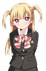 1girl akebi-chan_no_serafuku arms_behind_back black_jacket black_skirt blonde_hair blunt_bangs blush closed_mouth collared_shirt commentary cowboy_shot dot_nose haru_(konomi_150) highres jacket kizaki_erika long_hair long_sleeves looking_at_viewer neck_ribbon pleated_skirt purple_eyes red_ribbon ribbon roubai_academy_school_uniform_(new) school_uniform shirt simple_background skirt smile solo split_mouth striped_ribbon tareme two_side_up white_background white_shirt