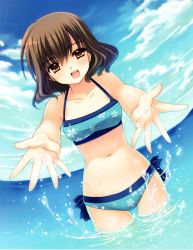 Rule 34 | 1girl, :d, absurdres, bikini, blue bikini, breasts, brown eyes, brown hair, cloud, day, floral print, highres, kimi to issho ni, matsushita yui, medium breasts, navel, nishimata aoi, ocean, open mouth, outstretched hand, short hair, sky, smile, solo, splashing, swimsuit, wading, water