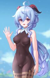 Rule 34 | 1girl, absurdres, ahoge, bare arms, bare shoulders, black leotard, blue hair, blue sky, blush, bodystocking, bodysuit, breasts, brown pantyhose, covered erect nipples, covered navel, ganyu (genshin impact), genshin impact, groin, halterneck, highres, horns, leotard, leotard under clothes, long hair, looking at viewer, medium breasts, no gloves, open mouth, outdoors, pantyhose, purple eyes, sidelocks, sky, sleeveless, smile, solo, standing, thighlet, thighs, watayoshi (suiiho), waving