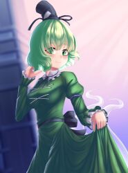 Rule 34 | 1girl, absurdres, black hat, blurry, blurry background, breasts, clothes pull, commentary, cross-laced clothes, dress, dress pull, english commentary, ghost tail, green dress, green eyes, green hair, hat, highres, juliet sleeves, large breasts, long sleeves, looking at viewer, puffy sleeves, pulled by self, pygrenix, short hair, soga no tojiko, solo, tate eboshi, touhou
