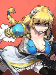 Rule 34 | 1girl, black thighhighs, blonde hair, blue eyes, braid, breasts, bright pupils, cleavage, collarbone, dress, glint, head wreath, highres, holding, holding shield, holding sword, holding weapon, large breasts, long hair, misonou hirokichi, namco, open mouth, shield, shoulder pads, single braid, solo, sophitia alexandra, soul calibur, soulcalibur, soulcalibur vi, sparkle, sword, teeth, thighhighs, tongue, weapon, zettai ryouiki