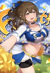 Rule 34 | 1girl, absurdres, ahoge, bike shorts, breasts, brown eyes, brown hair, cheering, cheerleader, choker, commentary request, crop top, day, high ponytail, highres, holding, holding pom poms, idolmaster, idolmaster shiny colors, kuwayama chiyuki, large breasts, long hair, looking at viewer, midriff, miniskirt, outdoors, pleated skirt, pom pom (cheerleading), pom poms, ponytail, skirt, solo, stadium, sweat, takani0721