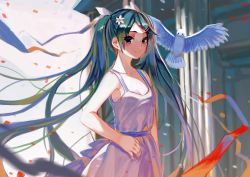 Rule 34 | 1girl, bird, breasts, cleavage, collarbone, day, dress, flower, green eyes, green hair, hair flower, hair ornament, hair ribbon, hand on own hip, hatsune miku, highres, jun project, long hair, looking at viewer, matching hair/eyes, ribbon, small breasts, solo, sundress, twintails, very long hair, vocaloid, white dress, white ribbon