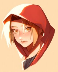 Rule 34 | 1boy, aiphelix, blonde hair, closed mouth, coat, edward elric, freckles, fullmetal alchemist, highres, hood, hood up, long hair, male focus, portrait, red coat, simple background, solo, yellow background, yellow eyes