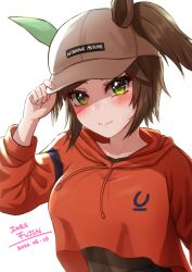 Rule 34 | 1girl, adjusting clothes, adjusting headwear, animal ears, baseball cap, blush, breasts, brown hair, brown hat, character name, closed mouth, commentary request, dated, ear covers, ears through headwear, green eyes, hat, highres, hood, hood down, hoodie, horse ears, horse girl, ines fujin (umamusume), large breasts, long sleeves, looking at viewer, medium hair, official alternate costume, orange hoodie, shinonome (shinonome rynn), shirt overhang, side ponytail, simple background, single ear cover, smile, solo, umamusume, upper body, white background