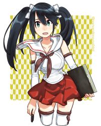 Rule 34 | 1girl, blue eyes, blue hair, blush, breasts, brown neckwear, clipboard, detached sleeves, hair between eyes, hair ribbon, holding, holding clipboard, holding pen, isuzu (kancolle), kantai collection, large breasts, long hair, open mouth, pen, red skirt, ribbon, sagamiso, sailor collar, skirt, solo, thighhighs, twintails, twitter username, white sailor collar
