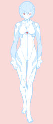 Rule 34 | 1girl, arms at sides, ayanami rei, blue hair, blue theme, clenched hands, full body, hair between eyes, hair ornament, hairclip, interface headset, looking at viewer, monochrome, neon genesis evangelion, pink background, plugsuit, red eyes, shiohara shin&#039;ichi, short hair, simple background, solo, standing