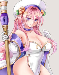 Rule 34 | 1041 (toshikazu), 1girl, breasts, closed mouth, hair between eyes, hat, highres, holding, holding staff, large breasts, long hair, looking at viewer, pelvic curtain, pink hair, purple eyes, smile, solo, staff