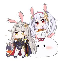 Rule 34 | 2girls, :t, animal, animal ears, azur lane, bailingxiao jiu, blue footwear, blue jacket, blue leotard, brown eyes, brown flower, brown hair, carrot, chibi, closed mouth, eating, flower, food, fur-trimmed sleeves, fur trim, hair between eyes, hair flower, hair ornament, hairband, head tilt, holding, holding food, holding plate, holding sheath, jacket, laffey (azur lane), leotard, long sleeves, mittens, multiple girls, parted lips, pink mittens, plate, puffy long sleeves, puffy sleeves, rabbit, rabbit ears, red eyes, red footwear, red hairband, sheath, sheathed, silver hair, sitting, standing, sword, thighhighs, twintails, weapon, white legwear, white mittens, z46 (azur lane)