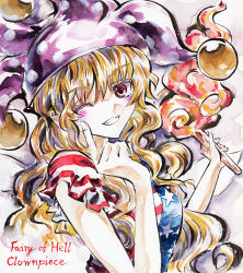 Rule 34 | 1girl, american flag print, american flag shirt, blonde hair, blue shirt, blue sleeves, blush, character name, clownpiece, fairy wings, fire, hair between eyes, hands up, hat, highres, jester cap, kabaji, looking at viewer, multicolored clothes, multicolored shirt, one eye closed, print shirt, purple hat, red eyes, red shirt, red sleeves, shirt, short sleeves, simple background, smile, solo, teeth, torch, touhou, traditional media, wavy hair, white background, white shirt, white sleeves, wings