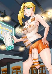 Rule 34 | 1futa, aqua eyes, bar censor, blonde hair, brand name imitation, breasts, censored, cum, cum in container, cum in cup, cup, ejaculation, eva (neone), from below, futanari, grin, holding, holding cup, hooters, indoors, jug (bottle), large breasts, large penis, long hair, looking at viewer, neone, original, penis, side ponytail, smile, solo, standing, veins, veiny penis