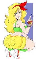Rule 34 | 1girl, ass, blonde hair, breasts, dragon ball, eyebrows, fingerless gloves, gloves, green eyes, highres, huge ass, jinu (jinusenpai), long hair, looking back, lunch (dragon ball), open mouth, shoes, shorts, simple background, solo, squatting, teeth