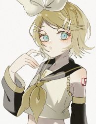 Rule 34 | 1girl, aqua eyes, bare shoulders, blonde hair, blouse, blush, bow, breasts, colored eyelashes, crop top, detached sleeves, hair bow, hair ornament, hairclip, half-closed eyes, kagamine rin, maca1227, midriff, number tattoo, pale skin, parted lips, sailor collar, shirt, short hair, shoulder tattoo, sleeveless, sleeveless shirt, small breasts, swept bangs, tattoo, treble clef, vocaloid