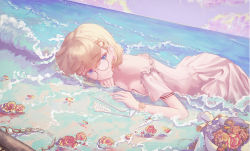 Rule 34 | 1girl, absurdres, blonde hair, blue eyes, bouquet, closed mouth, collarbone, dress, earrings, flower, glasses, hair ornament, heart, heart earrings, highres, hololive, hololive english, jewelry, looking at viewer, lying, mortis, ocean, on stomach, paper, partially submerged, pink dress, rose, round eyewear, short hair, sky, smile, solo, virtual youtuber, watch, watson amelia, wristwatch, x hair ornament