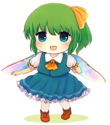 Rule 34 | 1girl, :d, blue dress, blue eyes, boots, bow, chibi, daiyousei, dress, fairy wings, green hair, hair bow, open mouth, rei (tonbo0430), short hair, smile, solo, touhou, wings, aged down