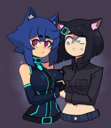 Rule 34 | 2girls, :&lt;, :3, anger vein, animal ear fluff, animal ears, bare shoulders, belt, belt buckle, black gloves, black hair, black shirt, blue eyes, blue hair, borrowed character, buckle, cat ears, cat girl, collared shirt, constricted pupils, cosplay, costume switch, crop top, detached sleeves, doce, female focus, freckles, gloves, hair ornament, hairclip, haqu (suweeka), highres, holding hands, multiple girls, original, parted lips, pink eyes, purple background, shirt, short hair, xiao (docecaedrus)