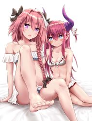Rule 34 | 10s, 1boy, 1girl, ahoge, arm support, ashfair, astolfo (fate), astolfo (sparkling frills) (fate), bare arms, bare shoulders, bed sheet, bikini, bikini skirt, black bow, black ribbon, blue bikini, blue eyes, blush, bow, braid, breasts, closed mouth, collarbone, crossdressing, curled horns, dragon girl, dragon horns, elizabeth bathory (fate), elizabeth bathory (fate/extra ccc), fang, fate/apocrypha, fate/extra, fate/extra ccc, fate (series), feet, front-tie bikini top, front-tie top, hair between eyes, hair bow, hair intakes, hair over shoulder, hair ribbon, head tilt, heart, heart-shaped pupils, horn ornament, horn ribbon, horns, knee up, long hair, looking at viewer, miniskirt, multicolored hair, navel, off-shoulder bikini, off shoulder, official alternate costume, open mouth, pink hair, pointy ears, purple eyes, ribbon, sidelocks, simple background, single braid, sitting, skirt, small breasts, smile, stomach, streaked hair, sweat, sweatdrop, swimsuit, symbol-shaped pupils, toenails, toes, trap, two side up, v-shaped eyebrows, v-shaped eyes, white background, white bikini, white ribbon, white skirt