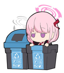 Rule 34 | 1girl, arrow (symbol), blue archive, chibi, eimi (blue archive), emphasis lines, halo, headphones, headphones around neck, in container, jitome, long hair, necktie, nyaru (nyaru 4126), pink hair, purple eyes, recycling symbol, red necktie, simple background, solo, trash bag, white background