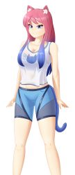 Rule 34 | 1girl, :3, absurdres, animal ears, blue eyes, blue hair, blue tail, bra, cat ears, cat girl, cat tail, fluffy, gradient hair, highres, looking at viewer, multicolored hair, original, pink hair, shirt, shorts, solo, sport uniform, tail, takie arts, tank top, transparent, two-tone hair, underwear