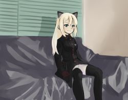 Rule 34 | 1girl, animal ears, artist request, bad id, bad pixiv id, window blinds, blonde hair, brown gloves, cat ears, couch, gloves, green eyes, grin, heinrike prinzessin zu sayn-wittgenstein, highres, long hair, military, military uniform, panties, shadow, smile, solo, strike witches, thighhighs, underwear, uniform, white panties, world witches series