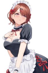 Rule 34 | 1girl, absurdres, alternate costume, apron, black shirt, black skirt, bow, bowtie, breasts, brown hair, choker, cleavage, commentary, enmaided, eyelashes, female focus, frilled choker, frilled sleeves, frills, hair bow, hair ornament, hairclip, half-closed eyes, hand on own chest, highres, higuchi madoka, idolmaster, idolmaster shiny colors, lace, lace-trimmed skirt, lace trim, light blush, maid, medium breasts, mole, mole under eye, parted lips, puffy short sleeves, puffy sleeves, purple eyes, red bow, riogu7t, shirt, short hair, short sleeves, skirt, solo, waist apron, white apron, white background, wrist cuffs