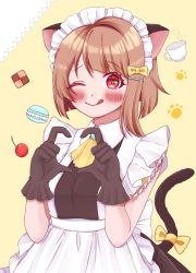 Rule 34 | 1girl, ;), ;p, animal ears, apron, aqua bow, artist name, artist request, back bow, black dress, black gloves, black skirt, blush, bow, bow hair ornament, breasts, brown hair, cat ears, cat tail, cherry, collared dress, dress, fake animal ears, female focus, food, frilled apron, frilled shirt collar, frills, fruit, gloves, grey hair, hair bow, hair ornament, hairclip, heart, heart hands, highres, light brown hair, looking at viewer, love live!, love live! nijigasaki high school idol club, maid, maid apron, maid headdress, miniskirt, nakasu kasumi, neckerchief, one eye closed, parted lips, paw print, plaid, plaid dress, plaid skirt, pleated, pleated dress, pleated skirt, red eyes, short hair, skirt, sleeveless, sleeveless dress, smile, solo, sparkle, tail, tail bow, tail ornament, tongue, tongue out, white apron, white bow, wink, yellow bow, yellow neckerchief