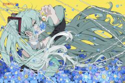 Rule 34 | 1girl, artist name, barbed wire, bare shoulders, black sleeves, blue eyes, blue flower, blue hair, blue nails, chinese commentary, collared shirt, commentary, detached sleeves, earclip, earrings, floating hair, flower, from side, hair between eyes, hair ornament, hand up, hatsune miku, highres, holding eyeball, jewelry, long hair, long sleeves, looking up, nail polish, number tattoo, profile, shirt, sleeveless, sleeveless shirt, solo, stud earrings, sunfish3939, tattoo, twintails, upper body, very long hair, vocaloid, yellow background