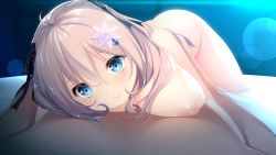 Rule 34 | 1girl, akatsuki yureru koi akari, bed, blue eyes, blush, breast press, breasts, closed mouth, flower, from above, game cg, hair between eyes, hair flower, hair ornament, indoors, inverted nipples, kuki asahi, legs, light brown hair, long hair, looking at viewer, lying, lying on person, medium breasts, nose blush, nude, on bed, original, pov, simple background, smile, thighs, usume shirou
