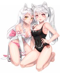 Rule 34 | 2girls, :d, aisha landar, aken, animal ear fluff, animal ears, back bow, bare legs, bare shoulders, barefoot, black one-piece swimsuit, bow, breasts, cat ears, cleavage, collarbone, commission, covered navel, dual persona, elsword, eve (elsword), facial mark, full body, gloves, hand on own hip, heart, heart-shaped pupils, highres, kemonomimi mode, kneeling, long hair, looking at viewer, medium breasts, multiple girls, one-piece swimsuit, open mouth, panties, pink bow, pink panties, red eyes, shoes, sidelocks, simple background, smile, swimsuit, symbol-shaped pupils, twintails, underwear, white background, white footwear, white gloves, white hair, yellow eyes