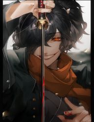 Rule 34 | 1boy, alternate eye color, black hair, blood, blood from mouth, blood on hands, bloody weapon, blurry, blurry background, close-up, fate/grand order, fate (series), hair over one eye, holding, holding weapon, japanese clothes, katana, kimono, koha-ace, long hair, looking at viewer, male focus, okada izou (fate), open mouth, orange eyes, ponytail, scarf, shionogi, smile, solo, sword, upper body, weapon