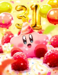 Rule 34 | anniversary, aruco co, balloon, blush stickers, colored skin, confetti, food, food on face, fruit, hat, highres, kirby, kirby (series), looking at viewer, nintendo, no humans, open mouth, party hat, pink skin, smile, solid oval eyes, star (symbol), strawberry