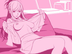Rule 34 | 1girl, breasts, breasts apart, glasses, ino (magloid), kisaragi rei, large breasts, lips, monochrome, nipples, no bra, open clothes, otome function, parted lips, pink theme, ponytail, sitting, solo, undressing