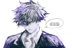 Rule 34 | 1boy, black jacket, closed mouth, collared shirt, commentary, english text, glowing, glowing eye, grey shirt, highres, jacket, looking at viewer, male focus, messy hair, original, portrait, purple eyes, shirt, short hair, simple background, solo, speech bubble, white background, yourfreakyneighbourh
