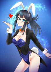 Rule 34 | 1girl, animal ears, bare legs, black jacket, blowing kiss, blue background, blue eyes, blue leotard, bow, bowtie, breasts, cleavage, coattails, commentary request, covered erect nipples, cowboy shot, detached collar, glasses, granblue fantasy, highleg, highleg leotard, highres, illnott, jacket, leotard, long hair, medium breasts, orange bow, orange bowtie, playboy bunny, ponytail, rabbit ears, rabbit tail, side-tie leotard, solo, strapless, strapless leotard, tail, wangxiang qingnian, wrist cuffs